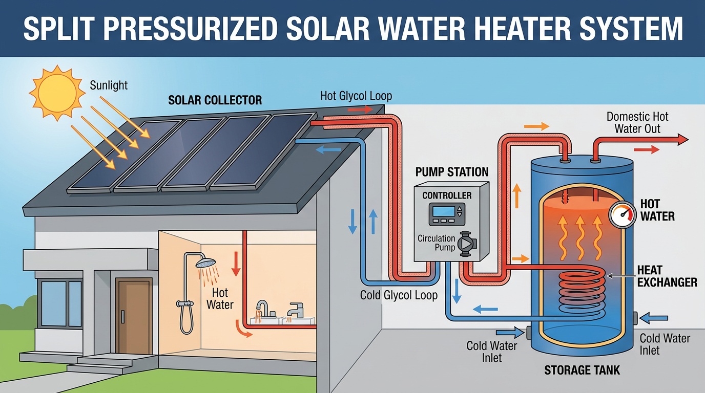 Split pressurized solar water heater system diagram showing solar collector, hot glycol loop, pump station, controller, heat exchanger, storage tank, and domestic hot water outlet